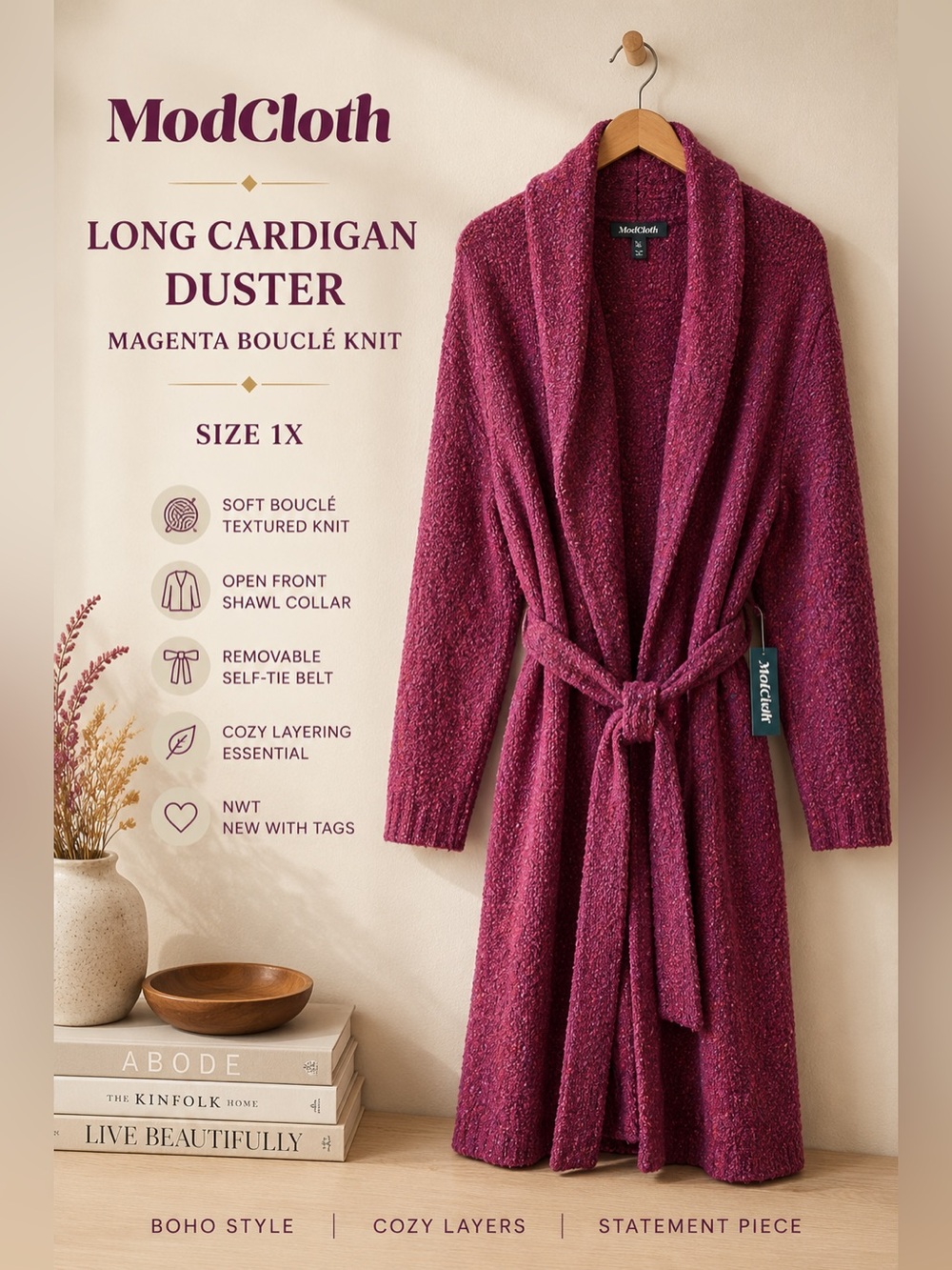 ModCloth Magenta Bouclé Knit Belted Long Cardigan Duster Size 1X